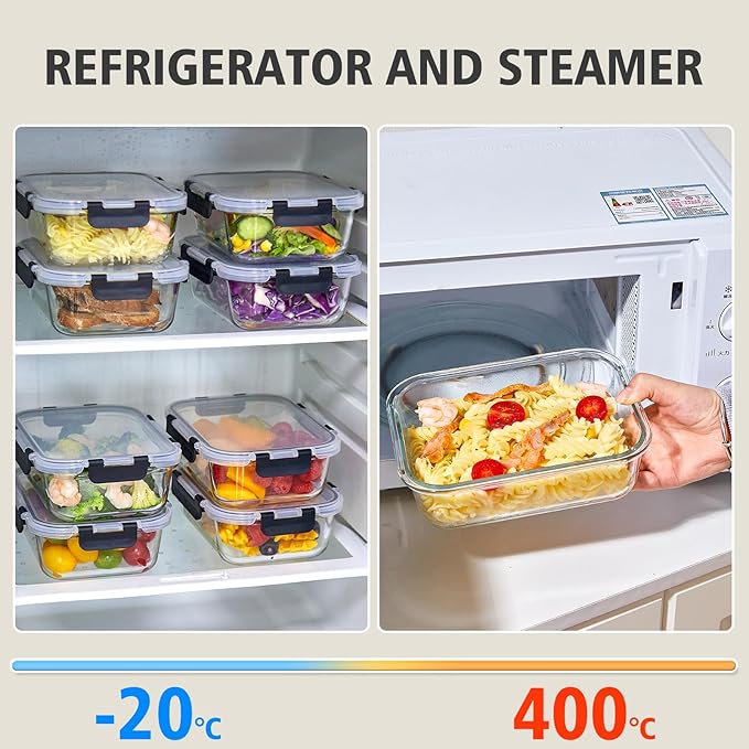 Liuruiyu 8 Pack 36OZ Glass Food Storage Containers with Lids, Meal Prep Containers, Airtight Bento Boxes with Leak Proof Locking for Microwave, Oven, Freezer and Dishwasher, BPA Free