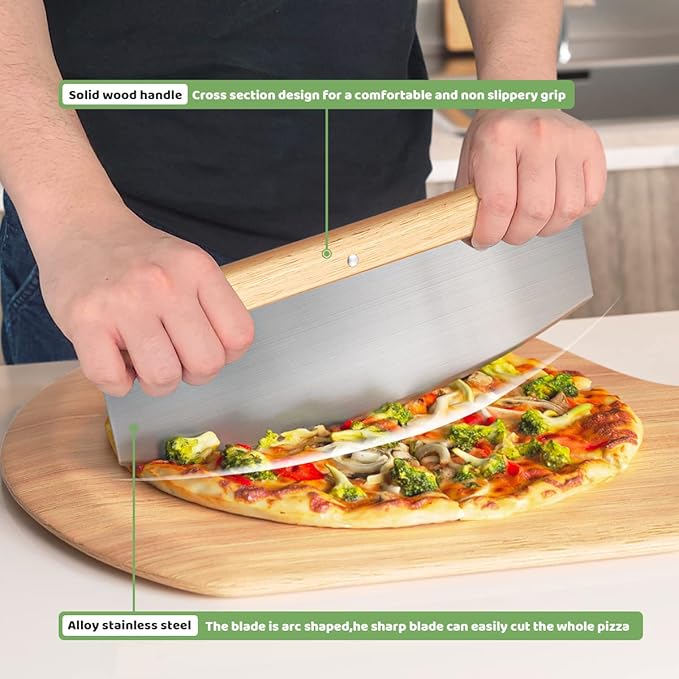 5 PCS Large Pizza Stone Set,Heavy Duty 16" Pizza Stone for Oven and Grill with Handle Rack,Pizza Peel(OAK), Pizza Cutter Rocker & Cooking Paper,Large Baking Stone for Pizza, Bread