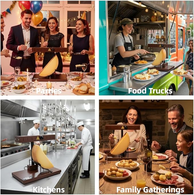 Commercial Electric Raclette Cheese Melter Grill – 850W with Tilt-Release Pan, Rack & Pinion Height Control for Half-Wheels Cheeses Countertop Melt Station for Restaurants & Catering Kitchens