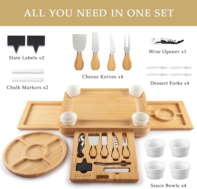 Zulay Kitchen Deluxe Bamboo Cheese Board - Extra Thick Bamboo Charcuterie Board with 4 Piece Knife Set - Perfect for Charcuterie, Wine and Cheese