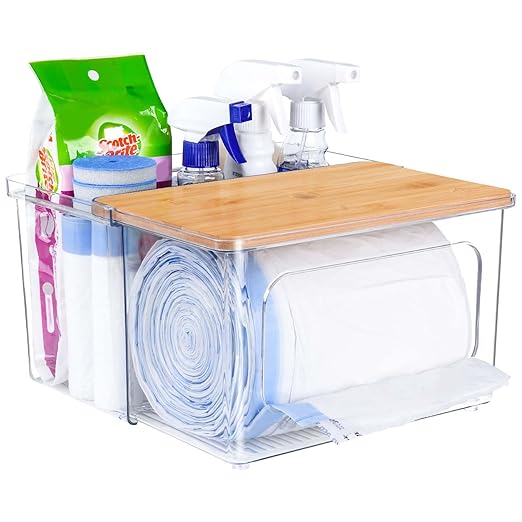 2 in 1 Trash Bag Dispenser Holder - Clear Acrylic Plastic Garbage Bags Container Tissue Box with Bamboo Lid Large Under Sink Organizer Kitchen Pantry Shelf Laundry Room Organization and Storage