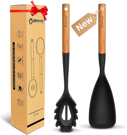 Silicone Cooking Spoon and Pasta Fork Set, 2 Pack Large Spatula Spoons Set with Wooden Handle, Nonstick Multifunction Spoon for Cooking, Serving, Mixing and Spaghetti (Black)