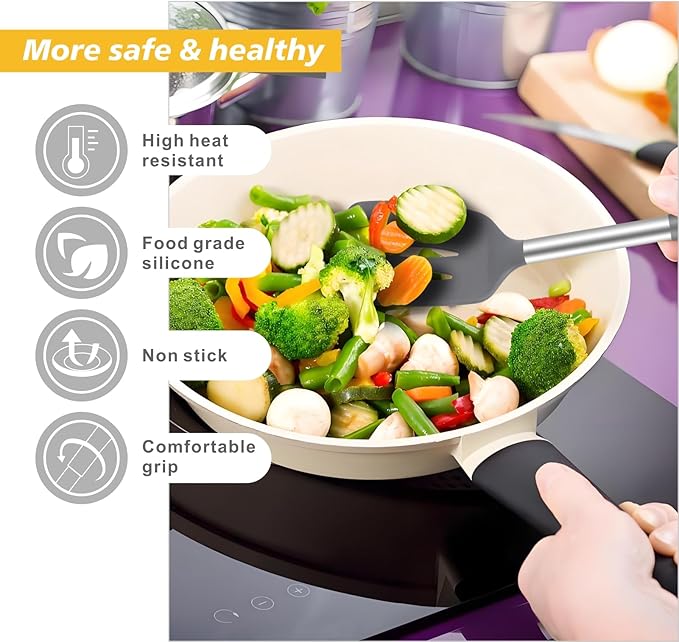 5-Piece Silicone Kitchen Tool Set, BPA-Free, Heat-Resistant, Non-Stick & Dishwasher-Safe, with Slotted/Solid Spoons & Spatulas for Frying, Mixing, Draining – Includes Multi-Purpose Serving Hook(Gray)