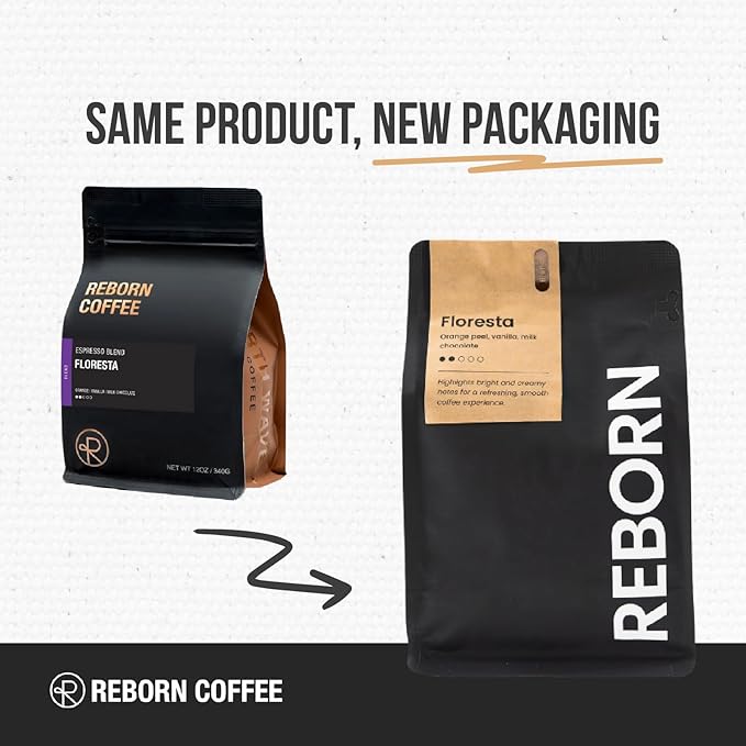 Reborn Coffee Specialty Whole Bean Coffee, Medium Roast, 12 Ounce, Reborn Signature Floresta Espresso Blend, Flavor Notes of Chocolate, Vanilla, and Orange