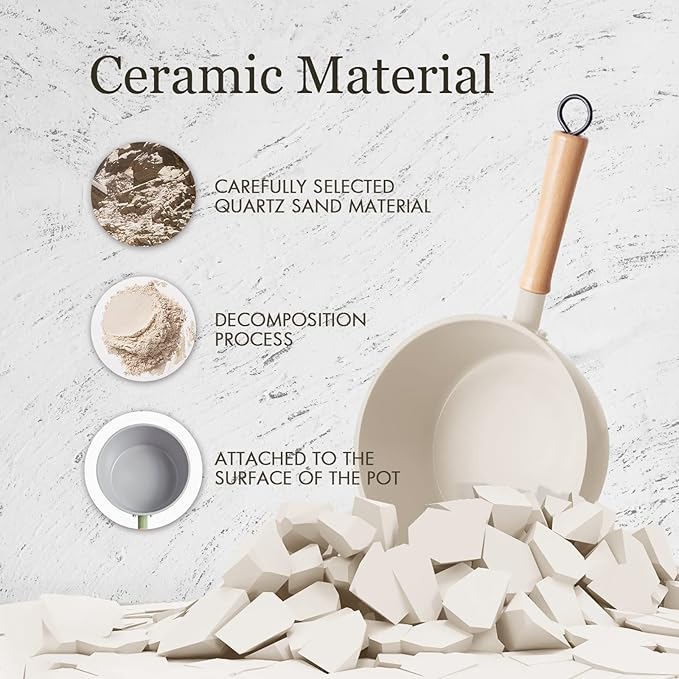 ROCKURWOK Ceramic Nonstick Sauce Pan, 3 QT Pot with Steamer, Non Toxic & PFAS-Free, Wooden Handle for Cool Touch, Universal Base(Gas, Electric & Induction), Green