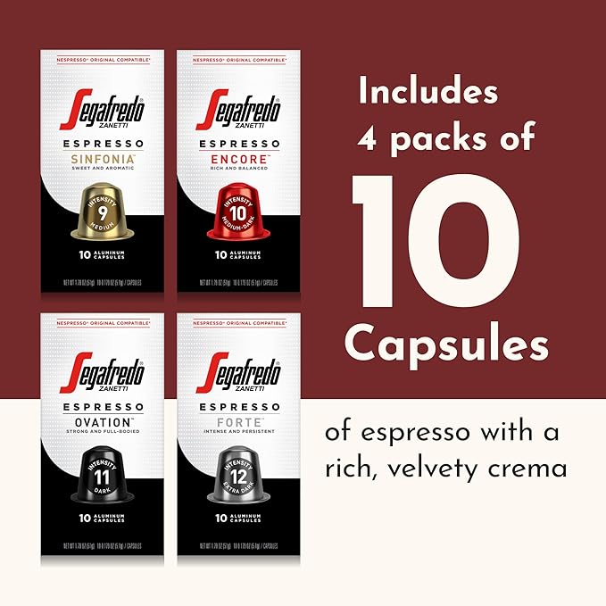 Segafredo Zanetti Espresso Capsules – Aluminum Pods for Nespresso Original Machines – 4 Flavor Variety Pack Premium Espresso – Forte, Ovation, Encore, and Sinfonia – Variety, 10 Count (Pack of 4)