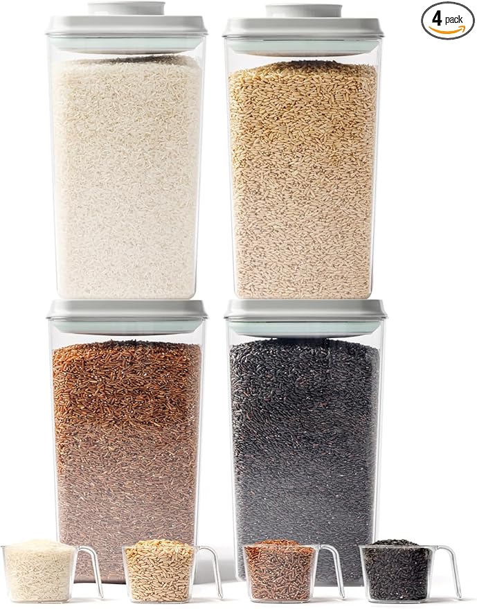 Large Rice Storage Container, 4 Pack Airtight Pop Food Holder with Lid & Measuring Scoop, 4L/6.06Lbs Flour Dispenser for Dry Food Storage and Kitchen Pantry Organization
