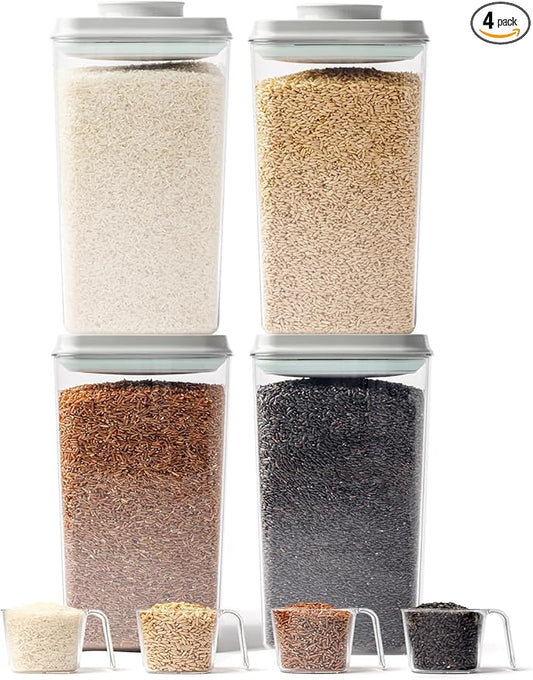 Large Rice Storage Container, 4 Pack Airtight Pop Food Holder with Lid & Measuring Scoop, 4L/6.06Lbs Flour Dispenser for Dry Food Storage and Kitchen Pantry Organization