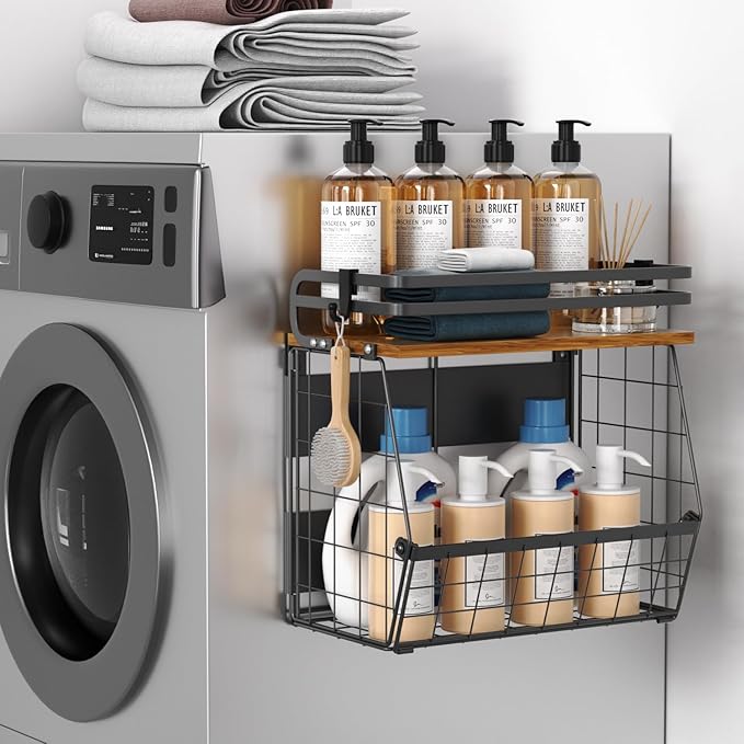 Magnetic Shelf for Fridge with Wood Lid, Large Capacity Wire Basket Magnetic Spice Rack for Refrigerator Kitchen Storage Bin for Fruit, Onion, Potatoes, Storage Organizer for Counter & Cabinet, Black