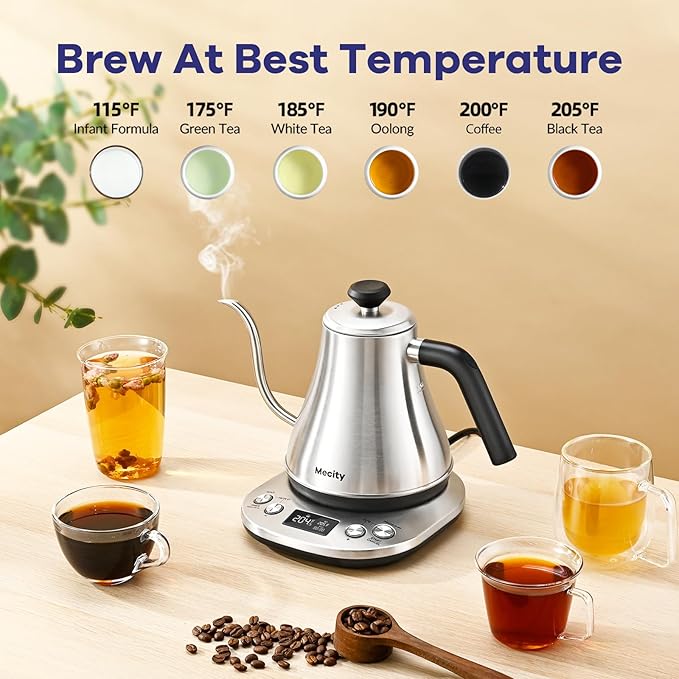 Mecity Electric Gooseneck Kettle With LCD Display Automatic Shut Off Retro Coffee Kettle Temperature Control Hot Water Boiler to Pour Over Tea, 1200 Watt Quick Heating Tea Pot, 0.8L, Stainless Steel