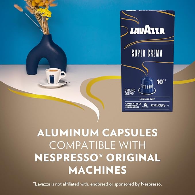 Lavazza Super Crema Aluminum Capsules Compatible with Nespresso* Original Machines, Medium Roast, Arabica and Robusta Blend (10 Capsules)