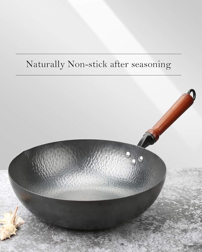 BIELMEIER 12.5" Wok Pan- Woks and Stir Fry Pans, Carbon Steel Wok, Flat Bottom Wok with Lid Suits for all Stoves