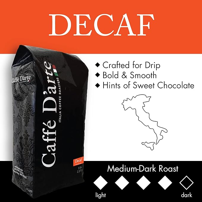 Caffe D'arte Decaf Whole Bean Espresso Coffee, 5 Pounds