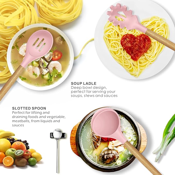 Silicone Kitchen Utensils Set - 446°F Heat Resistant Cooking Utensil Sets, Spatula,Turner,Tongs,Spoon,Brush,Whisk, Wooden Handle Silicone Kitchen Gadgets Tools for Non-Stick Cookware BPA Free (Pink)