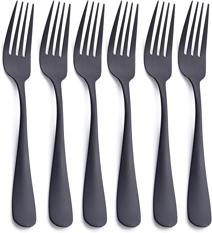 Matte Black Dinner Fork, GoGeiLi Stainless Steel Satin Finish 8.0-inch Silverware Flatware Fork Set, Service for 6, Dishwasher Safe