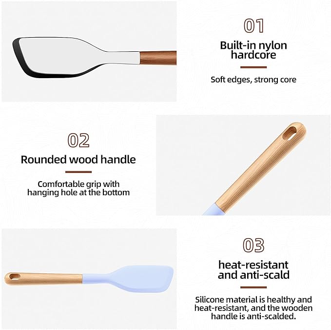 Wooden Handle Silicone Rubber Spatula Set for Kitchen Baking, Cooking, and Mixing High Heat Resistant Non Stick Dishwasher Safe BPA-Free Black+blue Set of 2 (Wooden handle spatula-Two-color)