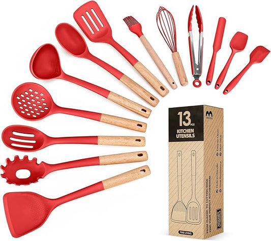 Kitchen Utensils Set, 13PCS Silicone Cooking Utensils, Heat Resistant Kitchen Utensil Spatula Set for Nonstick Cookware, Wooden Handles Kitchen Gadgets Tools Set (RED)