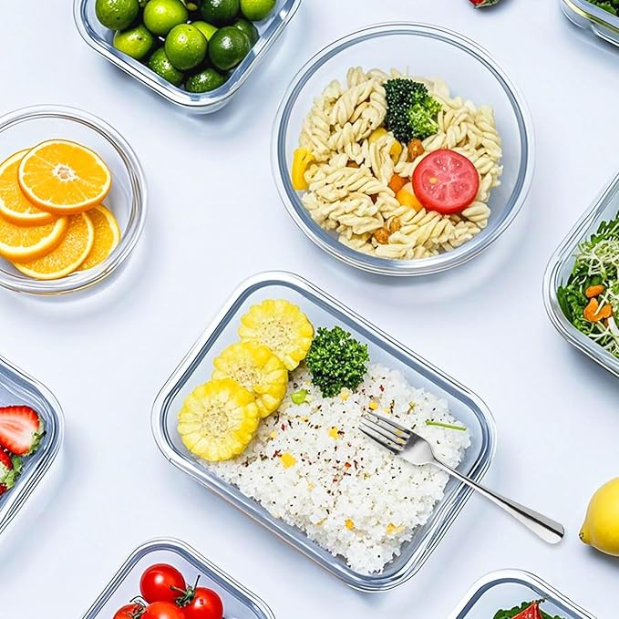 VERONES 12 Packs Glass Food Storage Containers Set, Airtight Glass Lunch Containers, Glass Meal Prep Containers with Lids,Exclusive of BPA, for Microwave, Oven, Freezer & Dishwasher Friendly,White