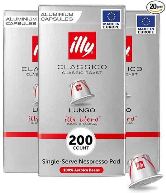 illy Aluminum Espresso Pods - Compatible with Nespresso Machines - Classico Lungo Roast Coffee - Mild & Balanced - Notes Of Caramel, Orange Blossom & Jasmine - 10 Count (Pack of 20)
