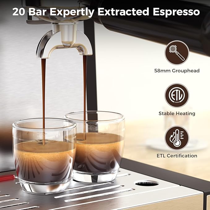 COWSAR (2025 New) Espresso Machines with Built-in Anti-Clog, 20 Bar Expresso Coffee Machines with Milk Frother Steam Wand, Tamping Tool, Espresso Machine with Grinder for Latte, Cappuccino, Americano