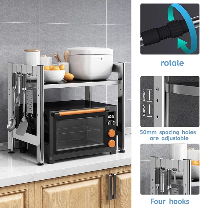Extendable Microwave Oven Rack，Adjustable Microwave Stand Kitchen Counter Shelf Kitchen Utensils Storage, Stainless Steel 2-Tier Over Microwave Shelf Countertop Organizing Rack with 4 Hooks（S）