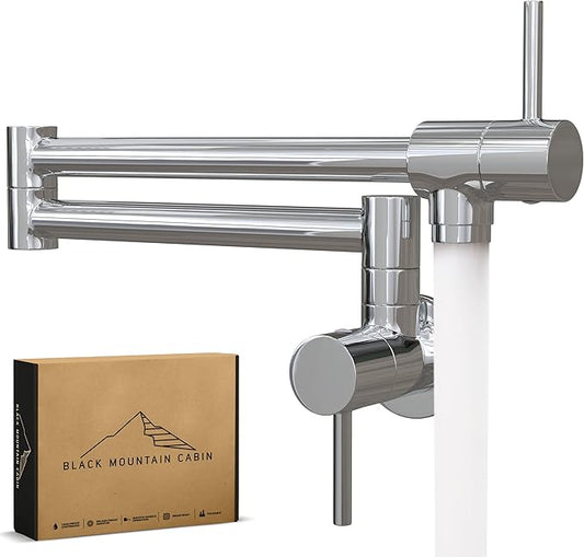 Pot Filler Faucet - Commercial Foldable Chrome Kitchen Faucet with Brass Base, NO Leak Wall Mount, Foldable Arms with Anti-Corrosion Single Hole Two Handles