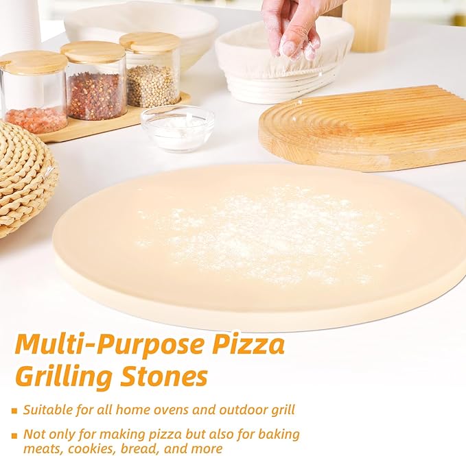 Pizza Stone 5 PCS Set, 15 Inch Large Round Pizza Stone Set for Oven & Outdoor Grill with Metal Pizza Peels & Cutter Rocker, 0.6'' Thickened Stone Pizza Pan, Grill Baking Stone for Pizza, Bread