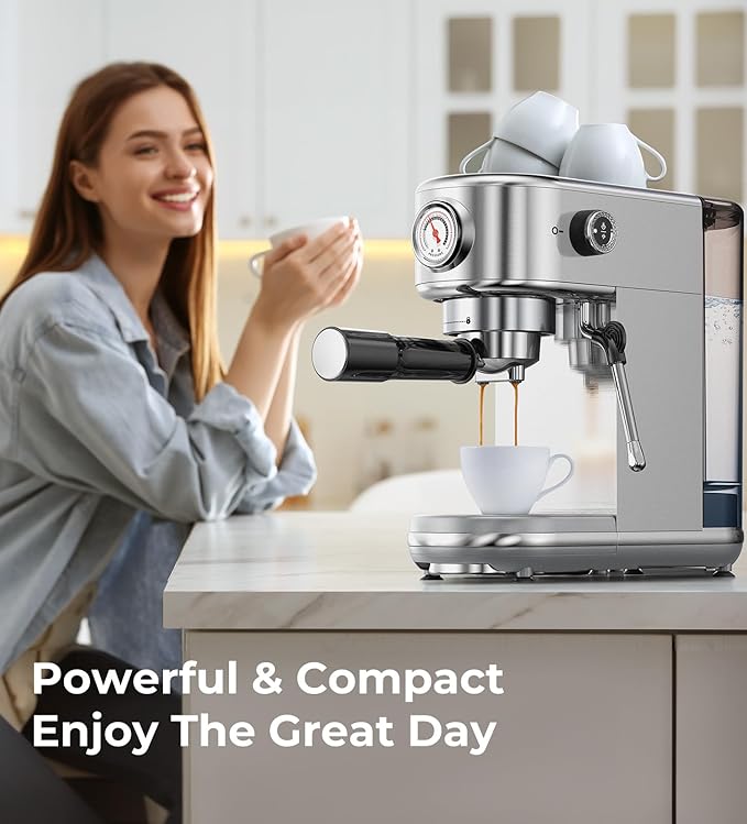 Espresso Machine with Milk Frother, 20 Bar High Pressure Professional Espresso Maker Automatic, Compact Stainless Steel Coffee Machine for Cappuccino, Latte, Gift for Coffee Lover, Dad or Mom, Silver