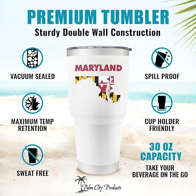Premium 30 oz Maryland White Tumbler With Slider Lid - Insulated Featuring Map Design - Excellent Souvenir - Keeps Beverages Hot/Cold, Ideal for Coffee, Tea, Travel