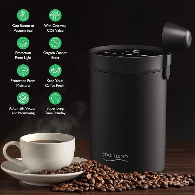 SOUL HAND Vacuum Coffee Canister, Airtight Sealed Coffee Canister Automatic Vacuum Stainless Steel Coffee Containers, Coffee Bean Storage Container for Coffee/Food Storage 1.6 L
