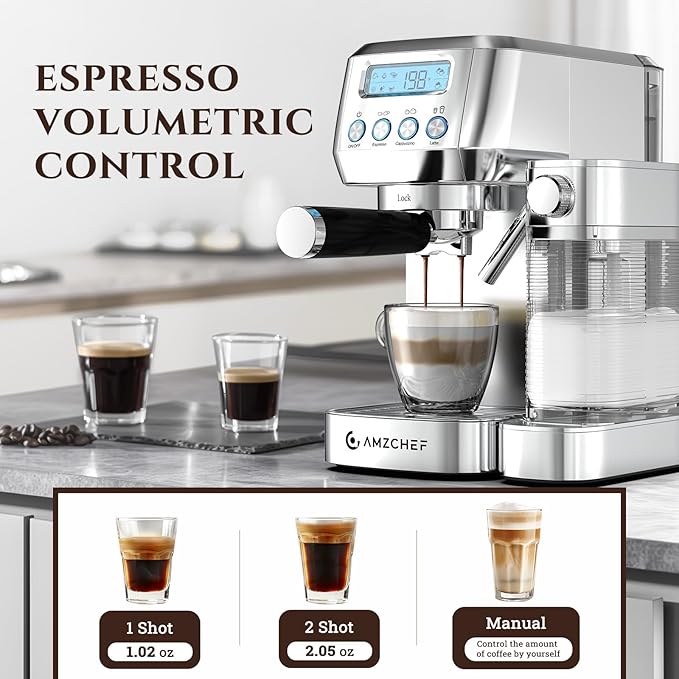 AMZCHEF Espresso Machine with LCD Display, 20 Bar Cappuccino Machines with Automatic Milk Frother for Home Gifts, Latte Coffee Maker with Dual Wall & Filters, Stainless Steel Style sliver