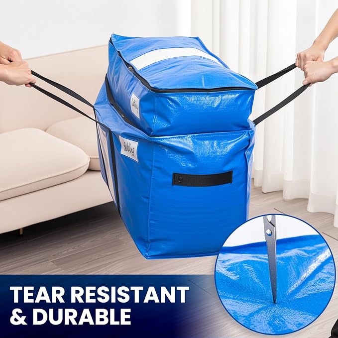 TAILI 2 Tier Extra Large Moving Bags, 2 Pack Blue Heavy Duty Totes for Storage with Visible Window, Wrap Around Handles, Storage Bags for Space Saving, Alternative to Moving Boxes
