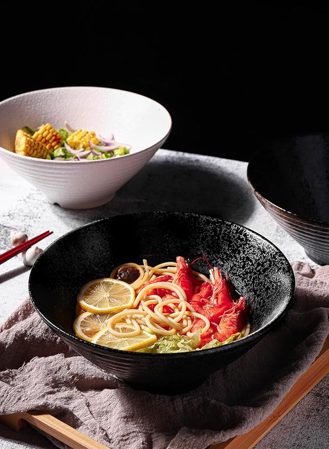 Kanwone Ceramic Japanese Ramen Bowl Set, Noodle Soup Bowls - 60 Ounce, with Matching Spoons and Chopsticks for Udon Soba Pho Asian Noodles, Set of 2, Black