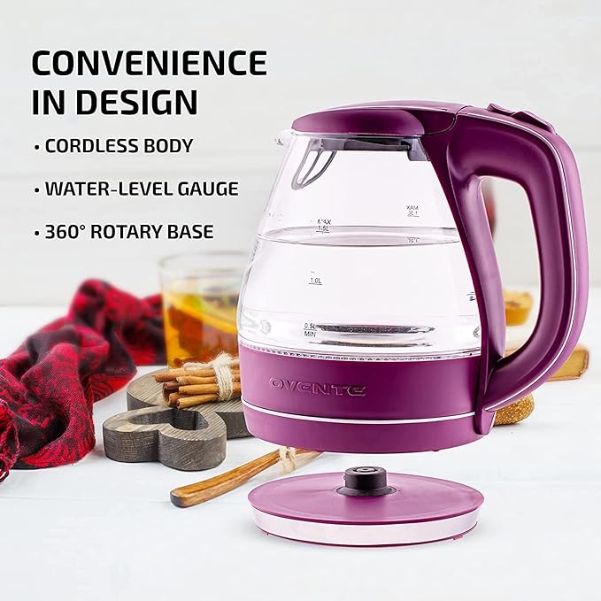 OVENTE Electric Kettle, 1.5L Borosilicate Glass Countertop Water Heater and Boiler for Coffee or Tea, BPA-Free, Auto Shut-Off, Boil-Dry Protection, Removable and Washable Spout Filter, Purple KG83P