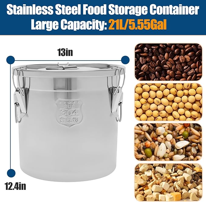 304 Stainless Steel Airtight Canister for Kitchen, 5.55 Gal Canisters Container with Lids and Sturdy Locking Clamp, Metal Food Storage Containers for Flour Grain Coffee Bean, 21L