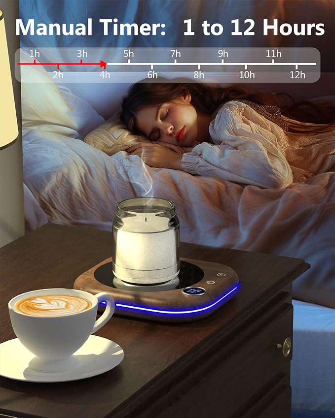 MQUPIN Mug Warmer, Coffee Mug Warmer for Desk- 3 Temp (113℉/131℉/167℉), 4 Hours Auto Off, Candle Warmer Plate with 1-12 Hours Timer, Coffee Accessories Keeping Beverage Warmer(Wood Grain)