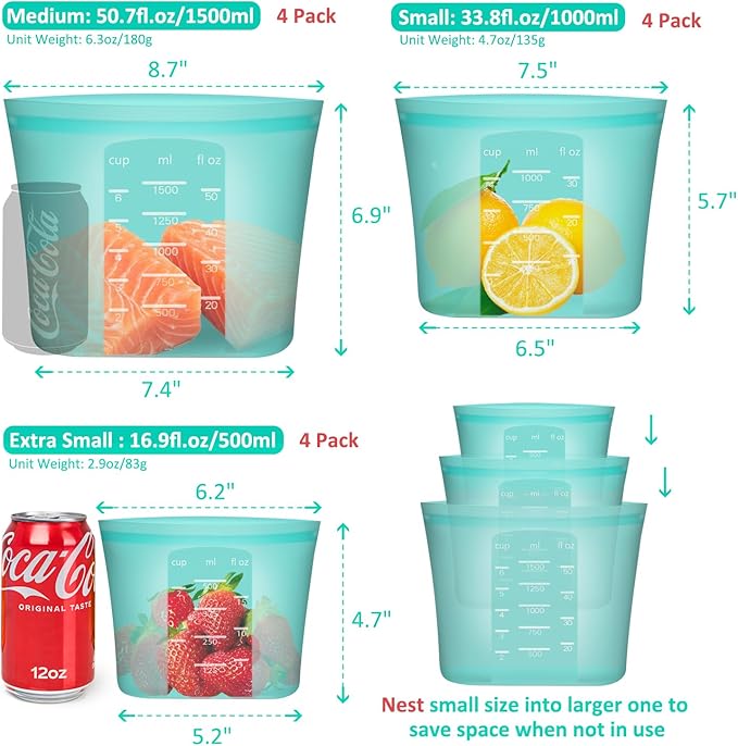 Reusable Food Bags, 12 Pack 100% Silicone Food Storage Bags Stand Up Zip Lock Container, Freezer Microwave Oven Dishwasher Safe, 4 Medium 4 Small 4 Extra Small, Aqua