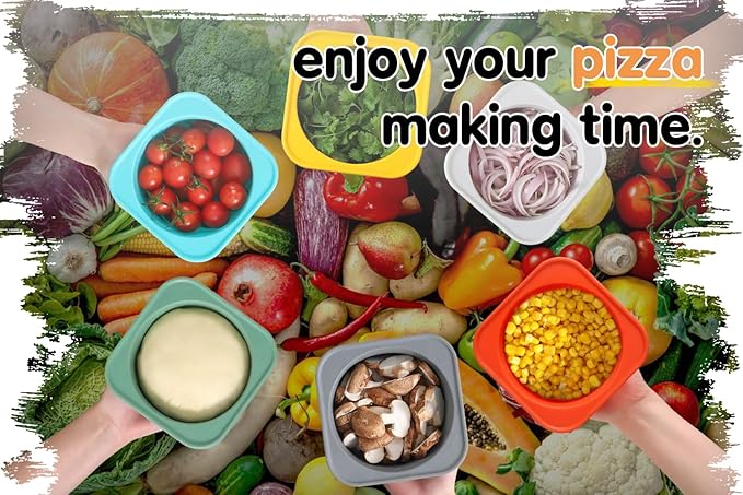 PLUS-1000ml Pizza Dough Proofing Box for DIY Artisan Pizza, Food Grade Silicone Stackable Containers with Lids. Freezer, Fridge, Dishwasher Safe (2Green Plus+2Space Grey Plus)