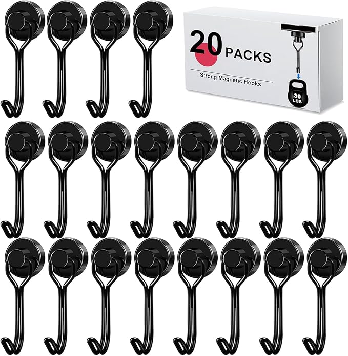 LOVIMAG Hooks, 30lbs+ Magnetic Magnet Hook 2025 Cruise Cabin Ship Essentials Heavy Duty Strong Refrigerator Fridge Hanging for Classroom Beach Vacation Kitchen Grills Home Mug Hanger (20 Pack), Black