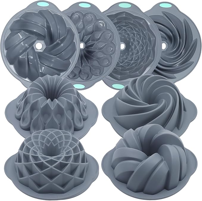 Tongjude 4 Pieces Silicone Fluted Cake Pans, 6/7/8 Cups Tube Baking Pan, Non-Stick Kitchen Oven Baking Pans, Silicone Molds for Homemade Cake, Bread and Jello, Grey