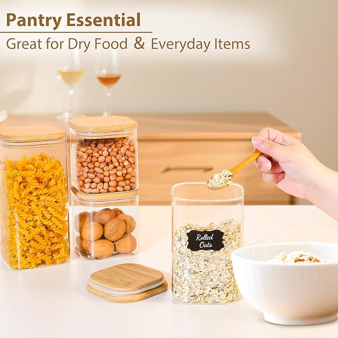 37oz(1.2Qt) Square Glass Storage Containers with Bamboo Lids – 4 Pack Clear Food Airtight Glass Jars for Pantry Organizers and Storage, Kitchen Dry Food, Coffee, Sugar, Flour, Snacks, Spices