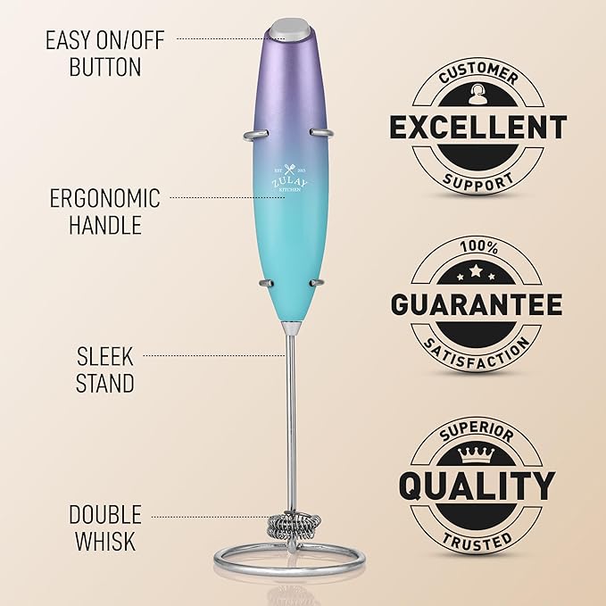 Zulay Kitchen Whisk Milk Frother with 4 Duracell Batteries - Powerful Handheld Foam Maker for Coffee, Lattes, Matcha, Hot Chocolate & Cappuccinos - Whip Creamy Froth in Seconds