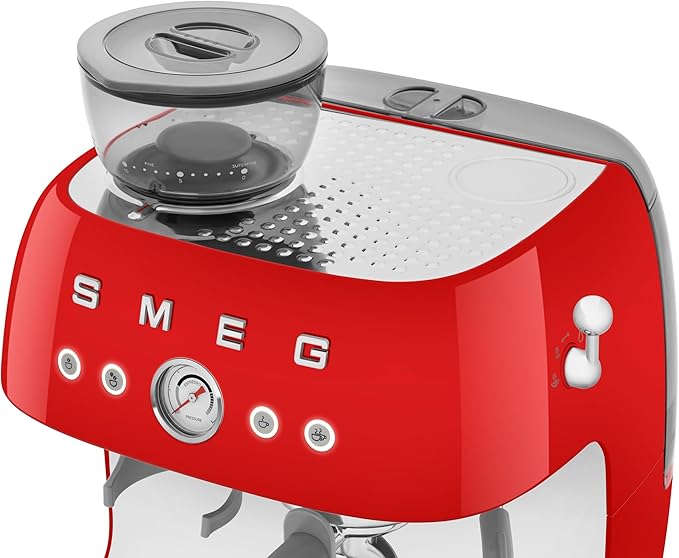 Smeg EGF03 Semi-Automatic Espresso Machine with Built-In Grinder, Dual Thermoblock, 50’s Retro Style – Red (120 V)