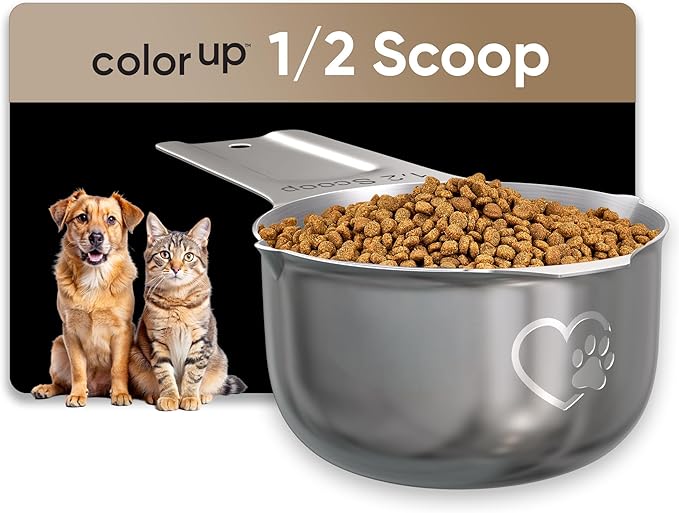 Color Up ½ Cup Pet Food Scoop – Stainless Steel Dog Food Scoop Cup (8 Tbsp) – Rust-Resistant, Heavy-Duty Measuring Scoop for Dogs, Cats, Birds & Rabbits – Perfect for Dry Food & Treats