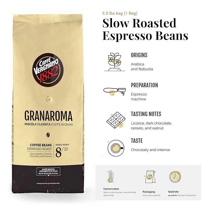 Caffe Vergnano 1882 Gran Aroma Whole Bean Arabica Medium Espresso Roast Coffee, 2.2lbs Bag - Italian Coffee Beans with Rich notes of Cocoa, Spices & Dried Fruit, Intensity 8/10-1000g Bag