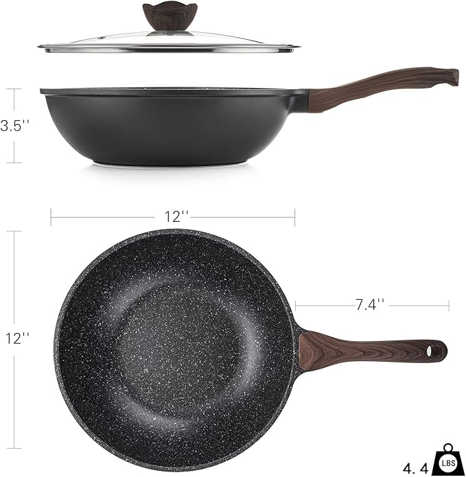 Nonstick Wok with Lid, 12 Inch Woks & Stir-fry Pans, Granite Stone Coating for Cooking, Induction Cookware, Compatible with All Stovetops, PFOA Free