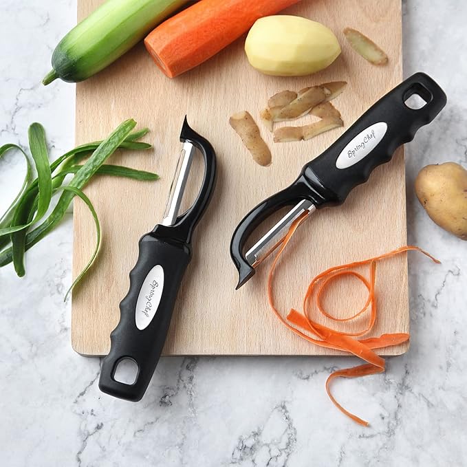 Spring Chef Premium Swivel Vegetable Peeler, Soft Grip Handle and Ultra Sharp Stainless Steel Blades - Perfect Kitchen Peeler For Veggie, Fruit, Potato, Carrot, Apple - Black - Set of 2