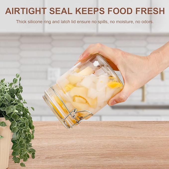 25oz Airtight Glass Jars with Lids, Set of 6 Food Storage Containers & Canisters, Clear Mason Jars with Clamp Seal for Canning, Cereal, Coffee, Pasta, Sugar, Beans & Spices
