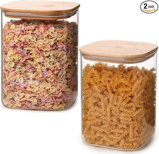 Glass Food Storage Jars 150 Set of 2,Glass Storage Containers Clear Glass Food Canister with Bamboo Lid Airtight For Serving Tea, Coffee, Flour, Sugar, Candy, Cookie, Spice and More (Square)