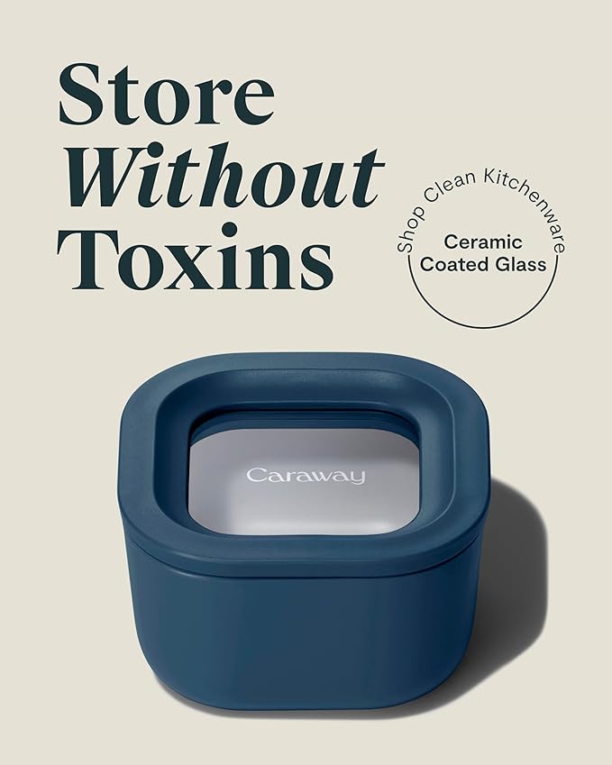 Caraway Mini Square Food Storage Container - 1.75 Cup Glass Storage Container for Food - Non-Toxic Ceramic-Coated Glass - Air Release Technology - Compact & Stackable Design - Navy